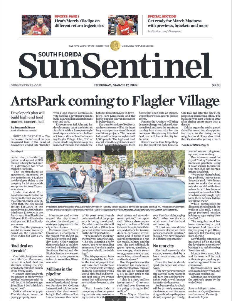 Screenshot of the Fort Lauderdale SunSentinel front page on March 17, 2022 announcing "ArtsPark coming to Flagler Village"